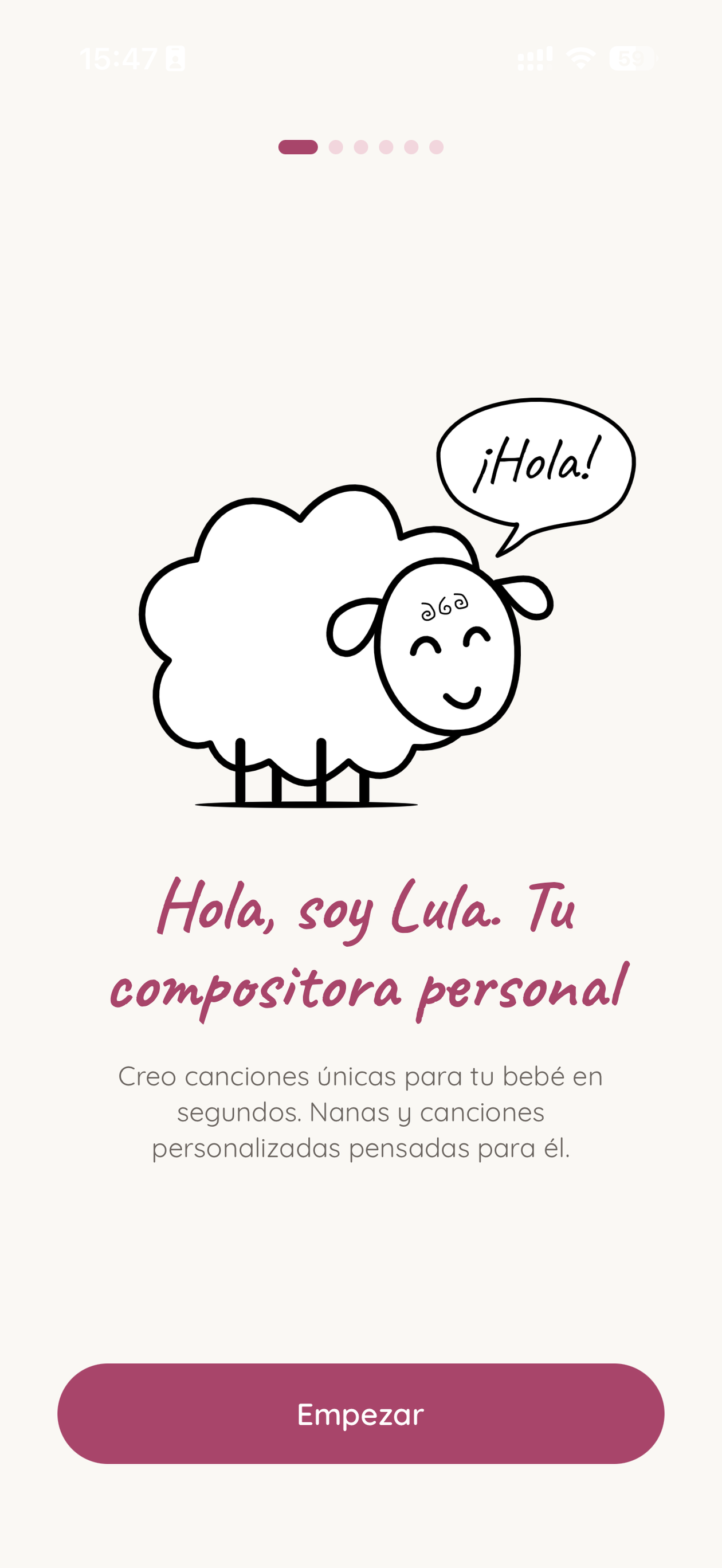 Pantalla de bienvenida de Nanapp con Lula la oveja
